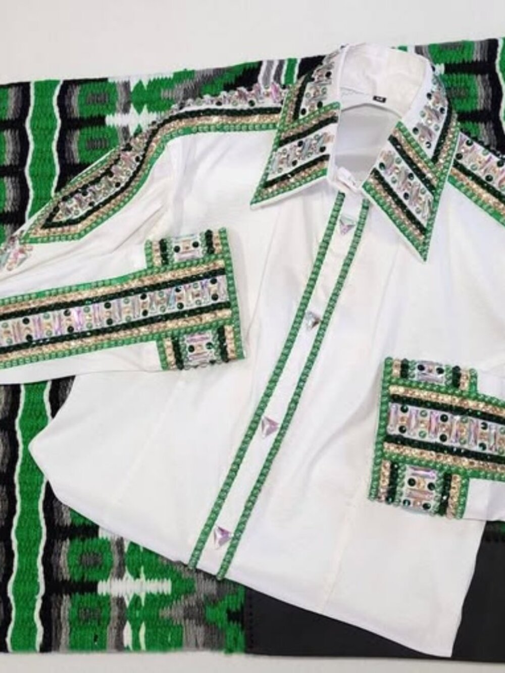 Western Show Shirt set  White Emerald Green Rhinestone Bling Horse Show Shirt